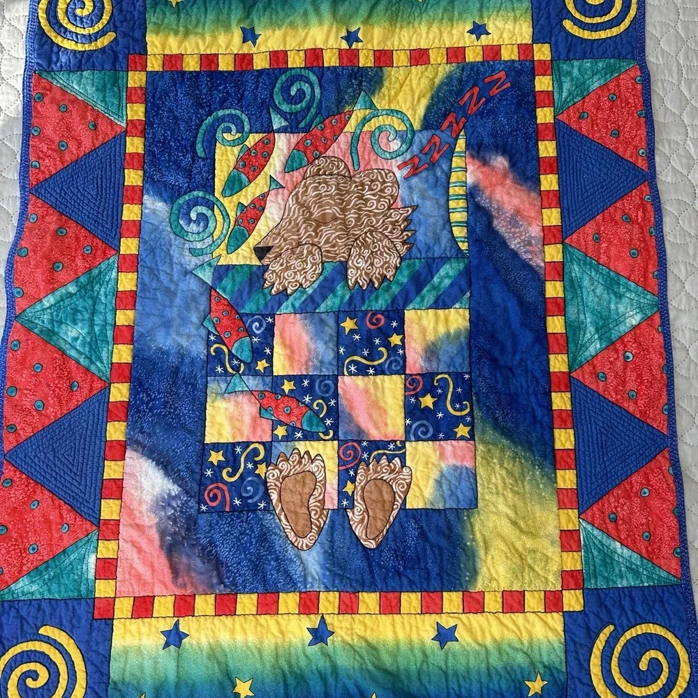 Bear Quilt Blanket Baby Moon Handmade Reversible Sleeping Rockets Stars Tie Dye